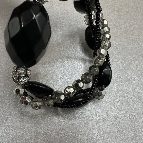 Beaded Stretch Bracelet Black Faceted Multi Strand Rhinestone Acrylic Chunky - Picture 9 of 11